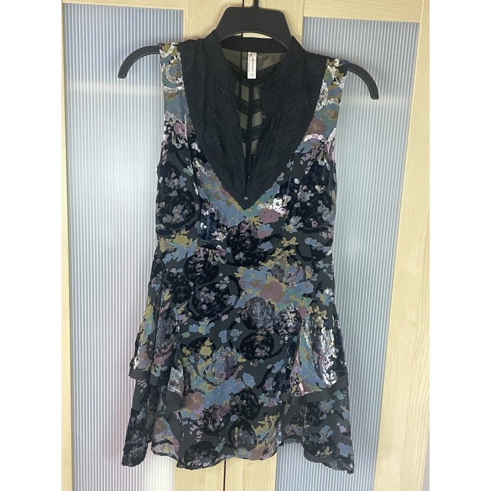 Free People Velvet Rayon Silk Burnout Mini Dress Lace Floral Boho Goth Sz 0